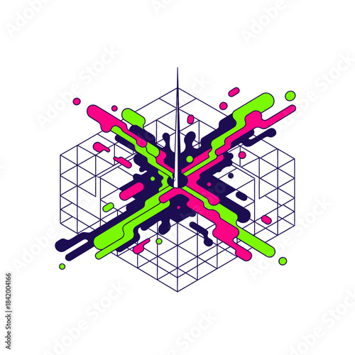Abstract geometric explosion of vibrant liquid paint splatters erupting from a wireframe cube.