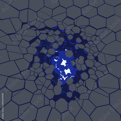 A powerful impact shatters a dark, polygonal surface, revealing a vibrant, glowing blue and white energy from the depths below.