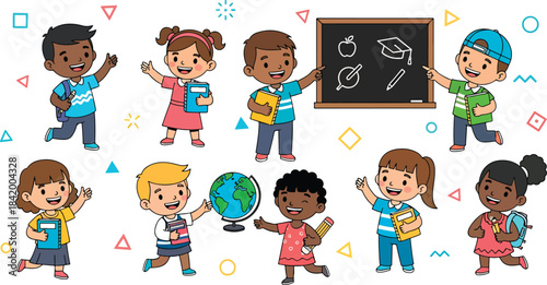 Happy Diverse School Kids Cartoon Illustration