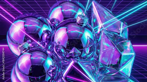 Futuristic neon geometric shapes with reflective surfaces and grid background