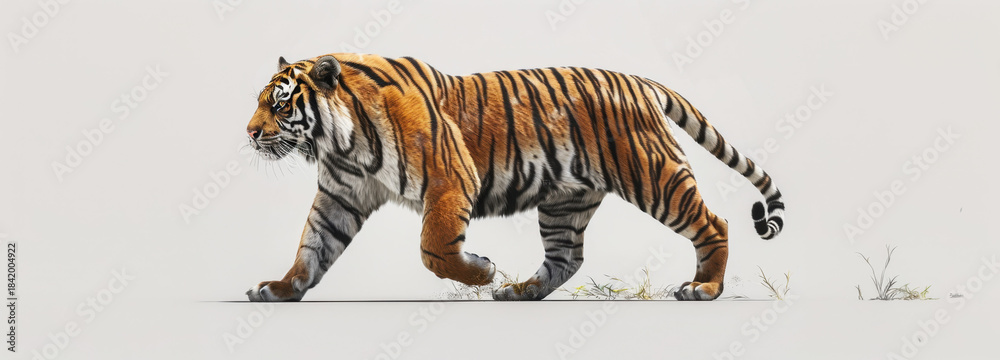 Obraz premium Majestic Tiger on the Prowl: A magnificent tiger gracefully strides across an open landscape, showcasing its striking stripes and powerful presence. Evoking strength, wildness.