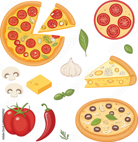 set of pizza and vegetables