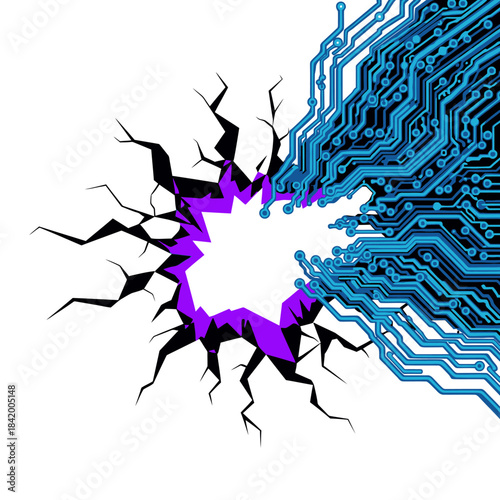 Digital circuit board emerging from a cracked purple and black abstract opening against a white background.