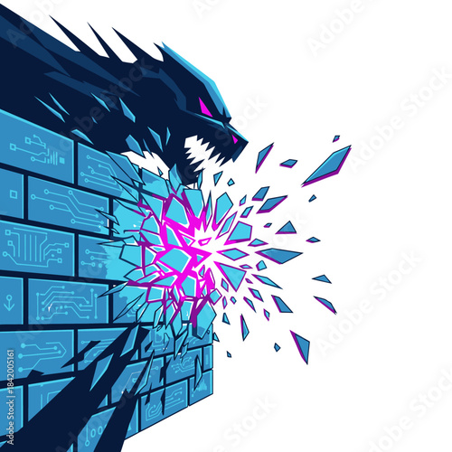 A ferocious, dark creature with glowing eyes bursts through a digital brick wall, symbolizing digital disruption and cyber threats.