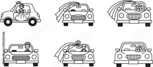 Various wedding cars with a bride and groom, decorated for their special day