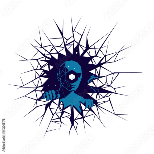 A stylized robotic head peers through a jagged, shattered opening, symbolizing breaking barriers and technological advancement.