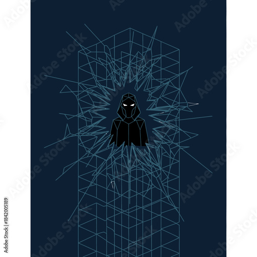 Mysterious hooded figure emerges from a shattered abstract building structure, symbolizing destruction or revelation.