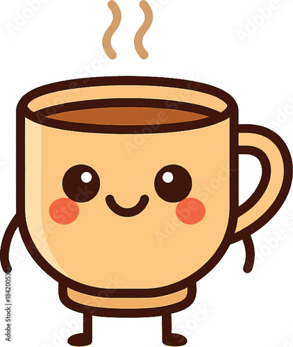Cute kawaii coffee cup character with steam and rosy cheeks cartoon