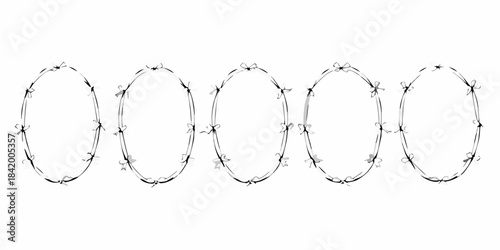 A linear arrangement of six delicate wireframe oval shaped floral wreaths