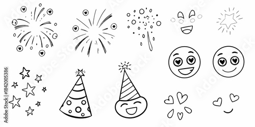 Celebration doodles fireworks party hats smiling faces and festive star designs