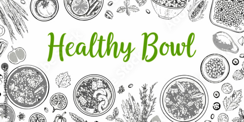 A vibrant illustration featuring healthy food bowls and natural botanical elements