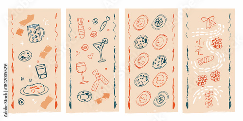 Four vertical panels displaying hand drawn sketches of food and drink items