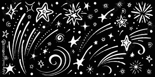 A whimsical sketch of sparkling stars firework trails and celestial doodles