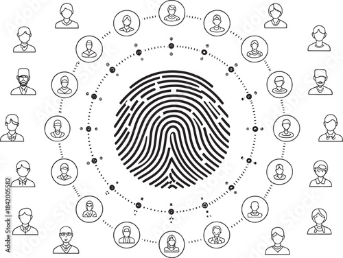 Fingerprint network of diverse people icons connected by lines and dots identity