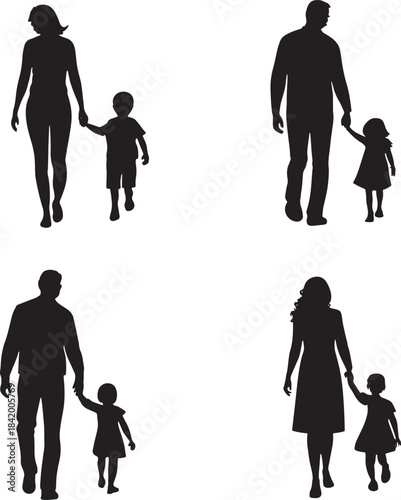 Four black silhouettes of families walking hand in hand family holding hands