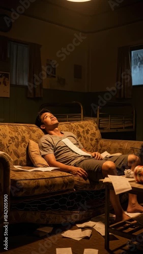 A man is lying on a couch surrounded by papers in a dim room during evening hours