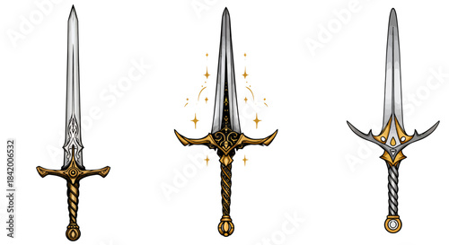 Set of Ornate Fantasy Swords Vector: Magic, Elven, and Medieval Style Blades with Gold Hilts.