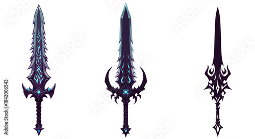 Set of Dark Magic Fantasy Swords Vector: Gothic, Mythical, and Ornate Blades with Blue Glow.