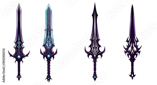 A collection of four intricately designed fantasy swords, rendered as detailed vector illustrations with magical glowing elements, isolated on a clean white background.