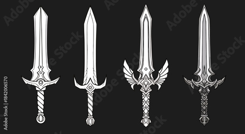 Set of Ornate Medieval and Fantasy Swords Vector: Elaborate Blades with Wings and Detailed Hilts.