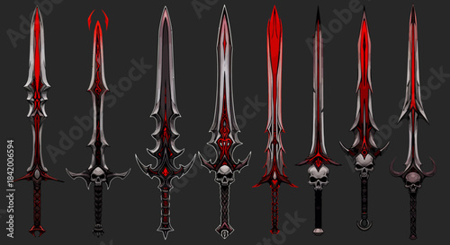 Set of Dark Fantasy Swords Vector: Evil, Gothic, and Ornate Blades with Red Accents and Skull Hilts.