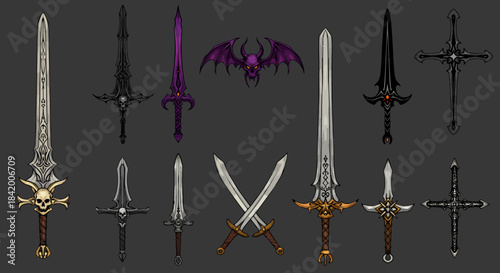 An Assortment of Dark Fantasy Swords and a Demonic Emblem
