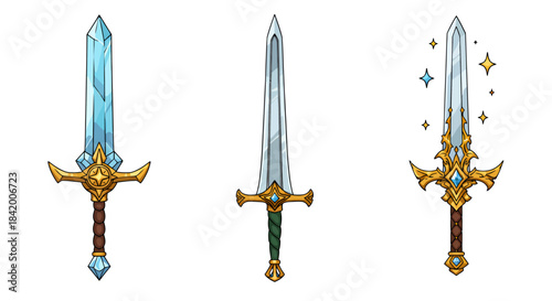 Three Ornate and Magical Fantasy Swords with Gemstone Embellishments