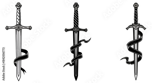 Three Swords: Classic Weapons Adorned with Flowing Ribbons