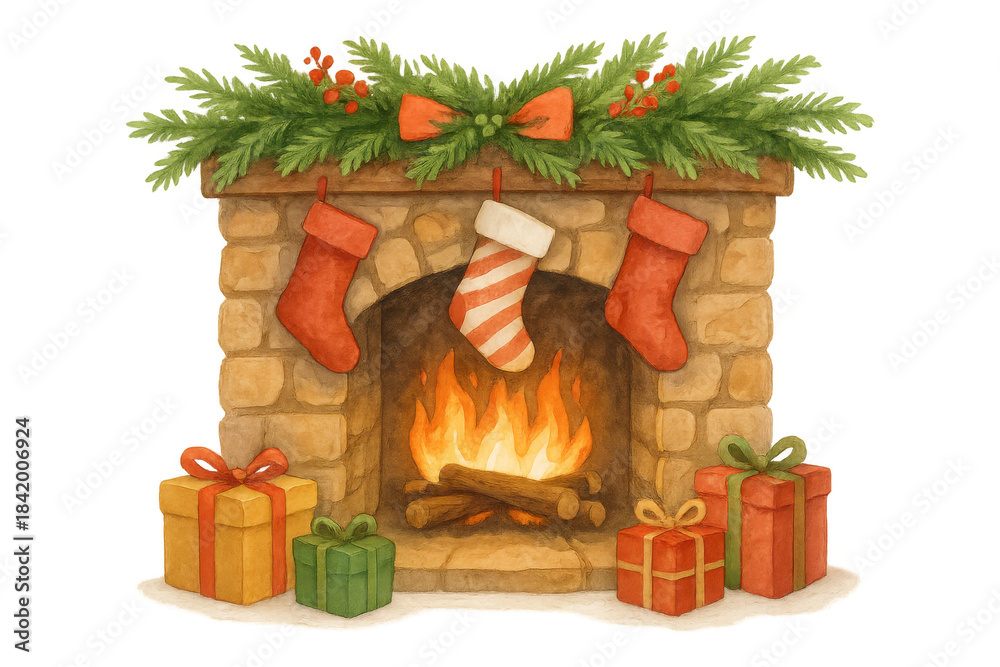 Obraz premium Christmas fireplace with burning logs, hanging stockings, traditional festive decorations, and colorful wrapped gifts