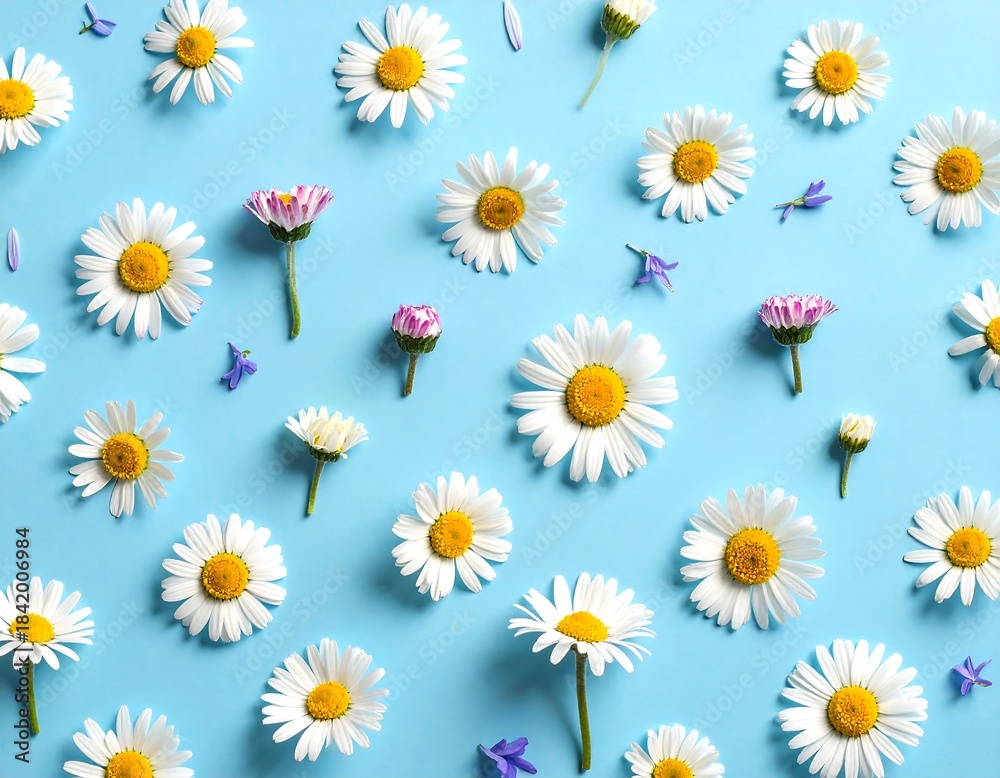 Obraz premium Flat lay of scattered daisies and small purple blossoms on a light blue background