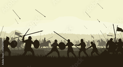 Epic Historical Battle Scene Silhouette Vector: Ancient or Medieval Warriors Fighting with Arrows Falling from Sky.