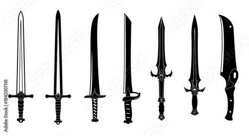 Set of Swords and Daggers Silhouette Vector: Medieval, Fantasy, and Modern Blades Collection.