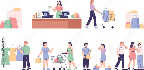 Shopping and retail illustration set, customers buying clothes, checkout counter, trying outfits, grocery cart, modern flat style consumer activity artwork