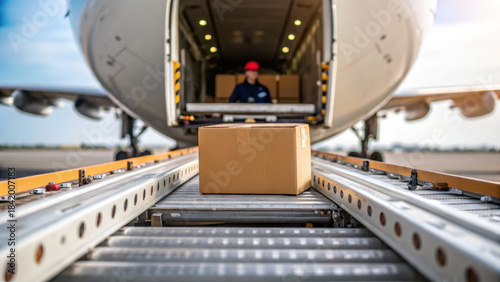 Air cargo business loading air freight forwarding packing and worker on ramp with cardboard box ready for transport