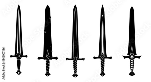 Set of Classic Medieval Swords Silhouette Vector: Longswords and Fantasy Blades Collection.