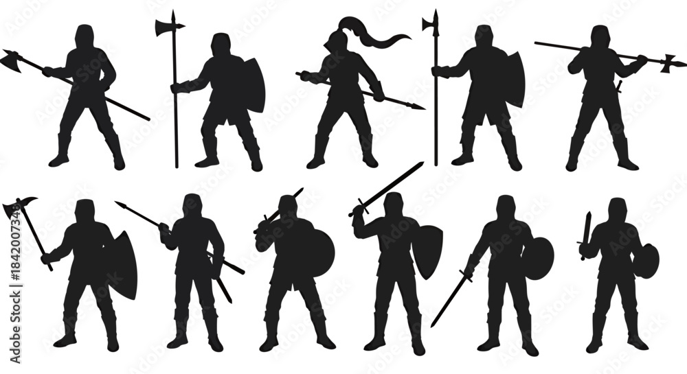 Obraz premium Set of Medieval Warriors and Guards Black Silhouettes: Armor, Shields, Axes, and Polearms Vector.