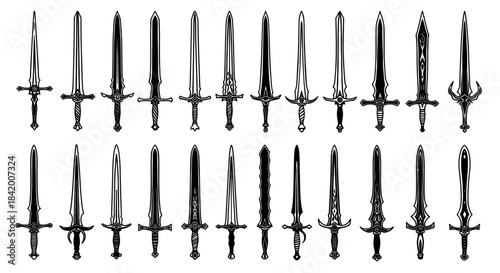 Large Collection of Medieval and Fantasy Swords Vector: Blades, Daggers, and Ornate Weaponry Set.