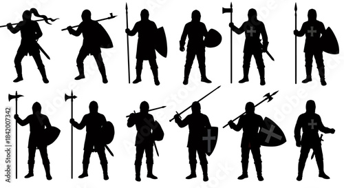 Set of Medieval Knights and Warriors Black Silhouettes: Full Armor, Shields, and Polearms Vector.