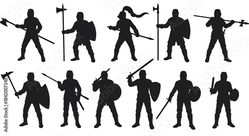 Set of Medieval Warriors and Guards Black Silhouettes: Armor, Shields, Axes, and Polearms Vector.