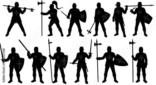 A collection of powerful medieval knight silhouettes, armed with various historical weapons and shields, presented as versatile graphic vector illustrations.