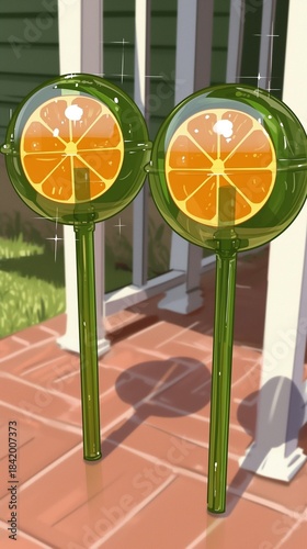 Large Green Lollipops with Embedded Orange Slice for Summer Party Decor and Confectionery Design