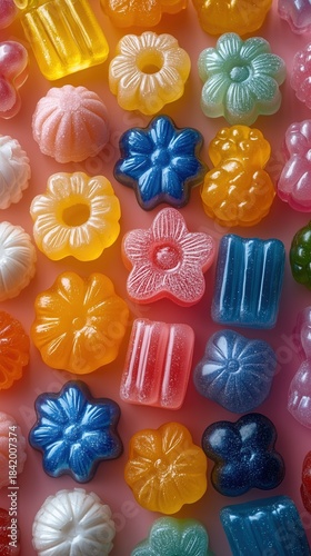 Colorful Flower and Shape Gummies on Pink Background for Confectionery Marketing and Food Styling