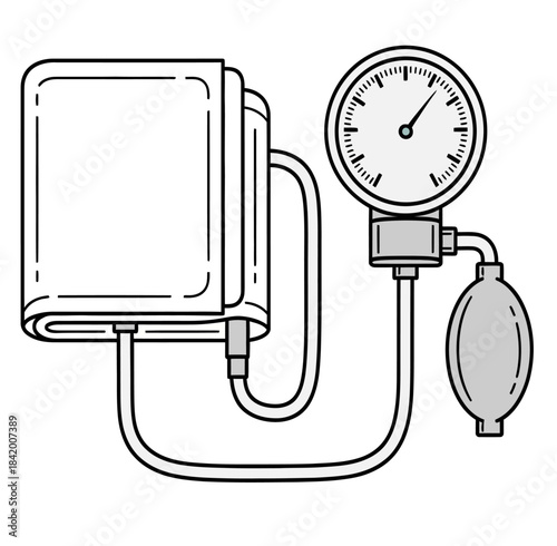 Black and white vector sketch of a sphygmomanometer or blood pressure monitor with cuff, gauge, and bulb.
