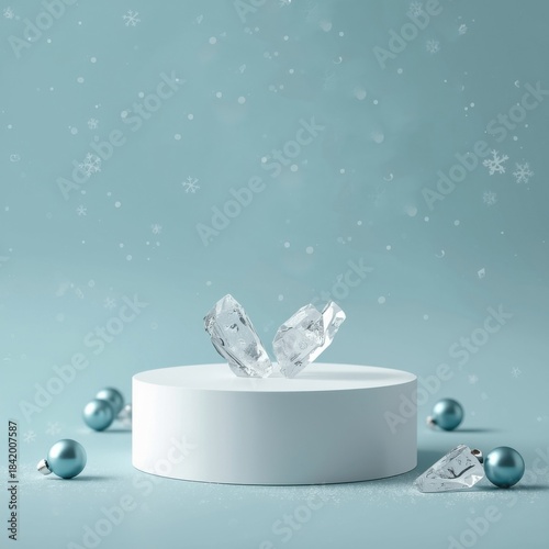 Winter's Icy Embrace: Delicate snowflakes gently cascade around a pristine, frosty tableau, where glistening ice crystals rest atop a minimalist pedestal, complemented by shimmering orbs. 