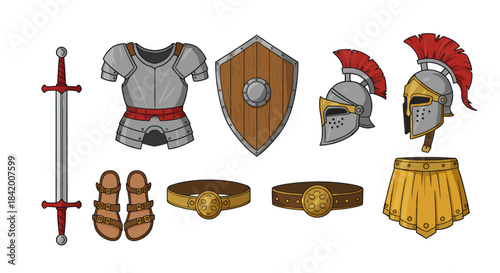 Set of Roman and Medieval Warrior Equipment Icons: Sword, Armor, Helmets, Shield, and Sandals Vector.