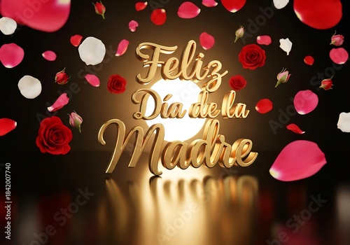3D Golden Script “Feliz Día de la Madre” with Floating Roses — Luxury Banner Composition