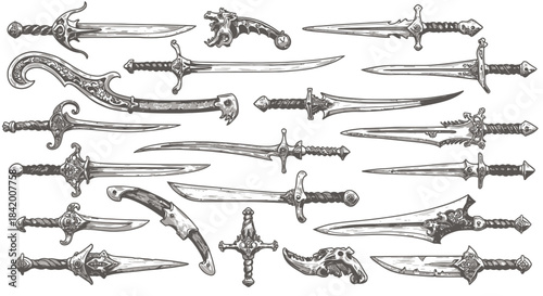 A comprehensive collection of hand-drawn vector swords and daggers, featuring an array of medieval and fantasy-inspired blades perfect for graphic design projects.