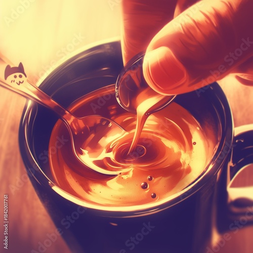 Close-Up of Pouring Coffee in Black Cup, Cat Design Spoon in Warm Light
