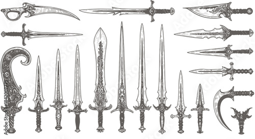 Set of Engraving Style Fantasy Swords, Daggers, and Curved Blades Collection for Games and Roleplaying.