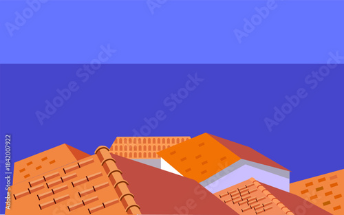 landscape background with red roofs and blue sea